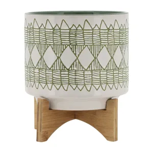 Ceramic 10" Aztec Planter On Wooden Stand, Olive