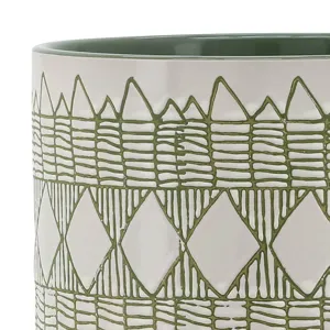 Ceramic 10" Aztec Planter On Wooden Stand, Olive