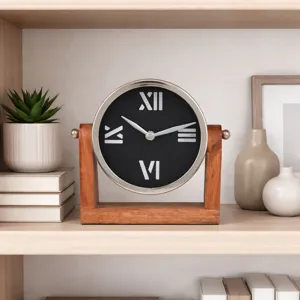 7x7\" Clock On Wood Base, Natural/silver