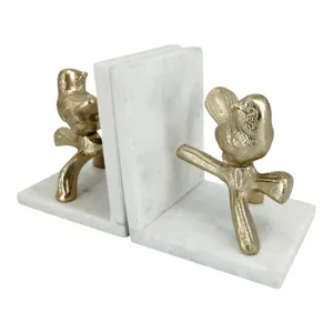 S/2 11\" Bird On Branch Marble Bookend, Gld/wht
