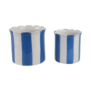 S/2 6/8\" Striped Scallop Edge Planters, White/blue
