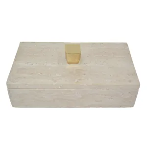9x5\" Travertine Box With Gold Knob, Tan