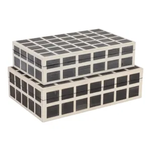 S/2 10/11" Etched Squares Resin Boxes, Ivory/brown