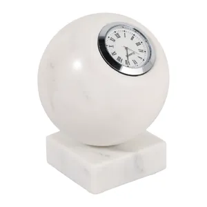 5x4\" Round Marble Clock On Base, White/silver
