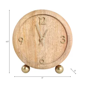 7x6\" Round Footed Clock With Brass Details, Natura