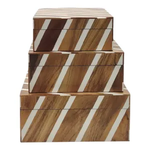 S/3 10/11/12\" Diagonal Lines Boxes, Natural/ivory