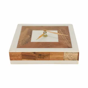 5\" Square Resin Clock With Wood Inlay, Ivory/natur