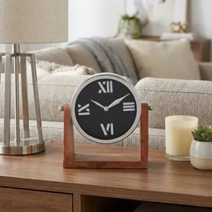 9x8\" Clock On Wood Base, Natural/silver