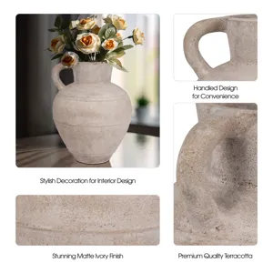 Terracotta, 22\" Jug Vase W/ Handle, Ivory