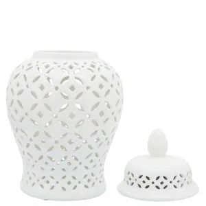 18" Cut-out Daisies Temple Jar, White