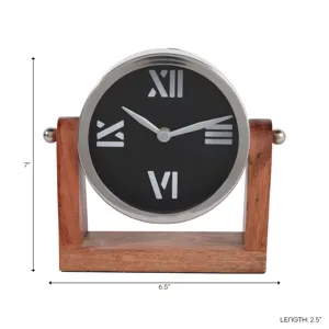 7x7\" Clock On Wood Base, Natural/silver