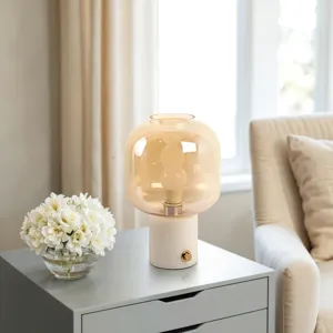 13x9\" Glass Shade On Marble Base With Switch, Whit