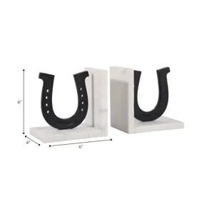 S/2 6\" Horseshoe Bookends On Marble, Black/white