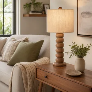 15" Wooden Table Lamp With Cotton Linen Beige Shad
