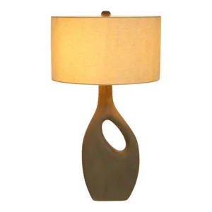 23" Wooden Table Lamp W/cotton Linen Beige Shade