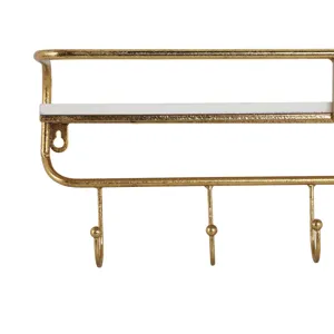 Ec Metal/wood 20\" 5  Hook Wall Shelf, White/gold