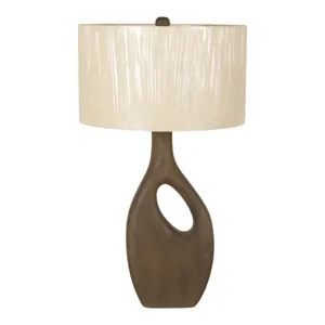 23" Wooden Table Lamp W/cotton Linen Beige Shade