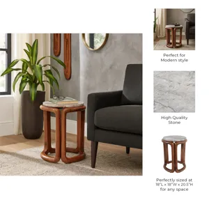 18x14\" Mrble Top Inlay Wood Accent Table,ivry/brwn