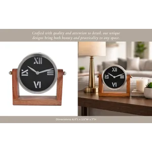 7x7\" Clock On Wood Base, Natural/silver