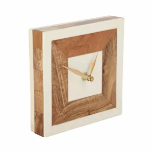 5\" Square Resin Clock With Wood Inlay, Ivory/natur