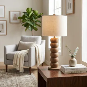 15" Wooden Table Lamp With Cotton Linen Beige Shad