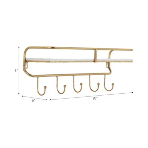 Ec Metal/wood 20\" 5  Hook Wall Shelf, White/gold