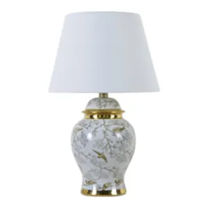 19" Chinoiserie Birds Table Lamp Gold Trim,wht/brw