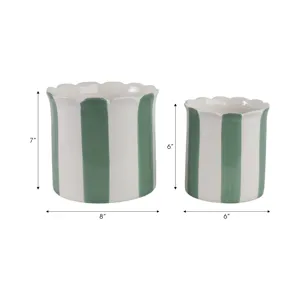 S/2 6/8\" Striped Scallop Edge Planters, White/gn