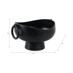 16x13\" Metal Pedestal Bowl With Ring Handles, Blk