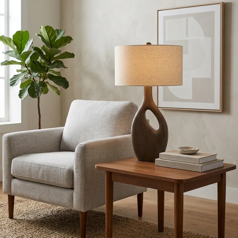 23" Wooden Table Lamp W/cotton Linen Beige Shade