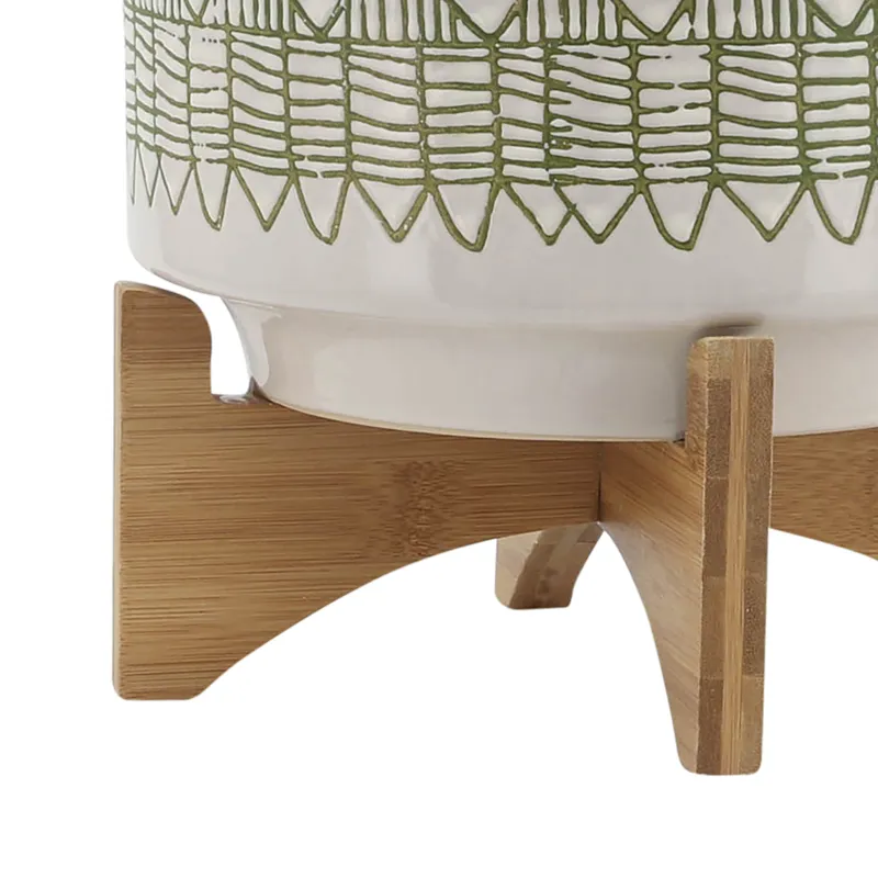 Ceramic 10" Aztec Planter On Wooden Stand, Olive