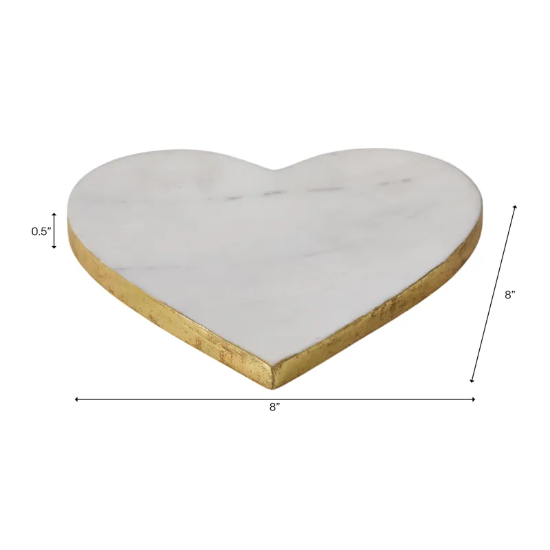 8x8\" Marble Heart Tray W/ Gold Edges, White