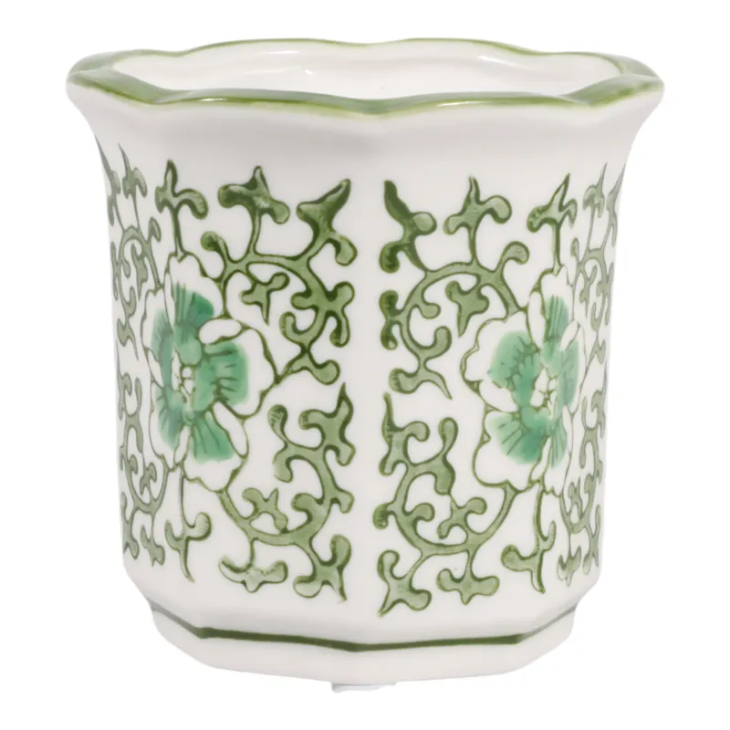 4\", 6oz Fluted Chinoiserie Candle, Green/white