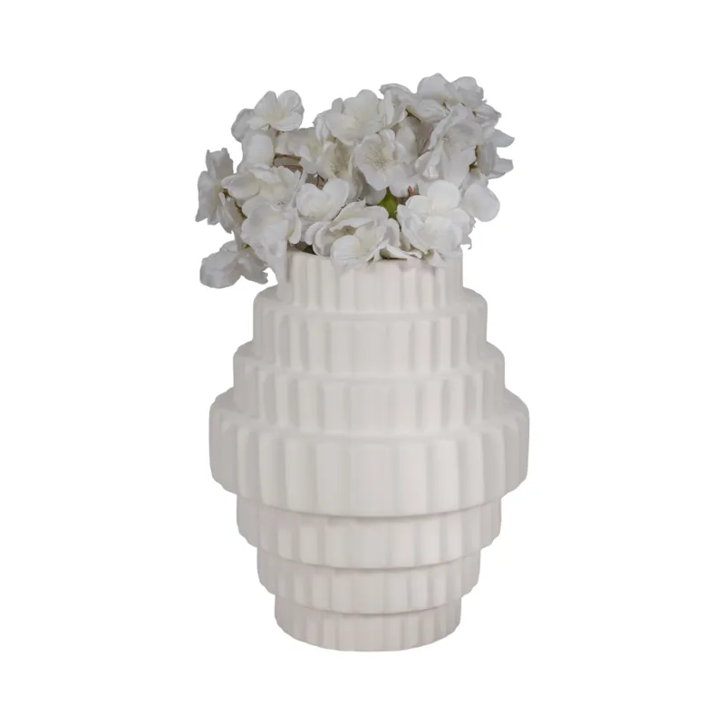 10\" Textured Staggered Vase, White