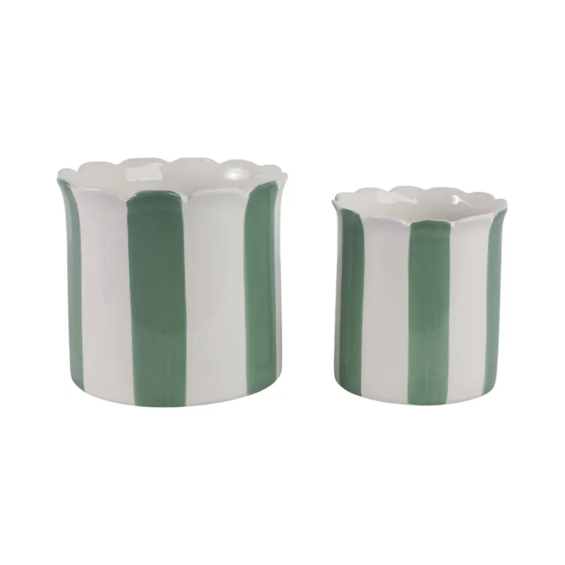 S/2 6/8\" Striped Scallop Edge Planters, White/gn
