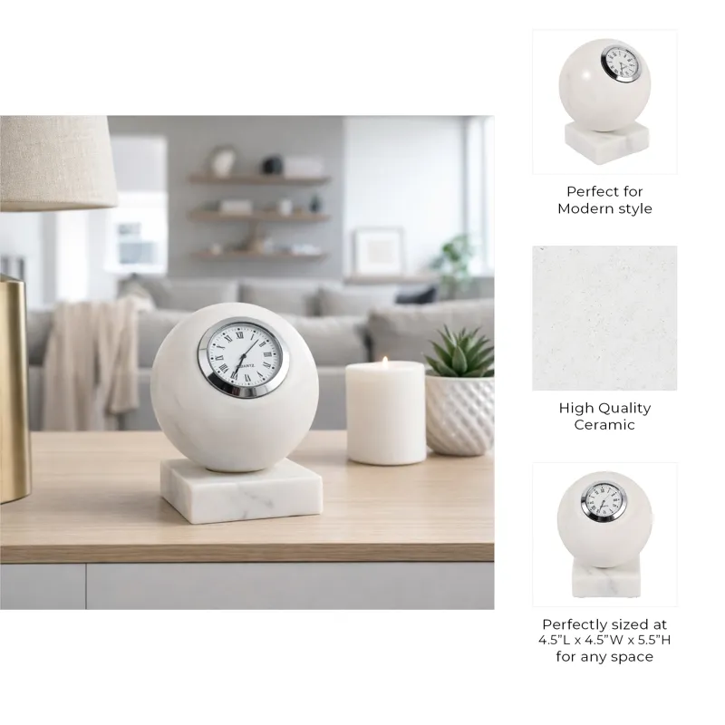 5x4\" Round Marble Clock On Base, White/silver