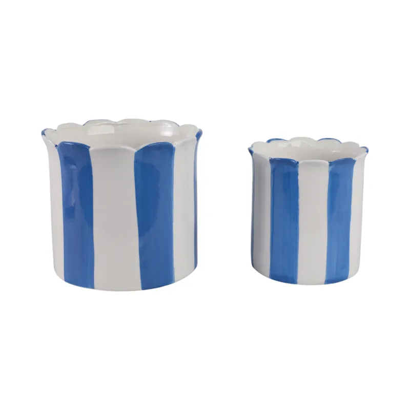 S/2 6/8\" Striped Scallop Edge Planters, White/blue