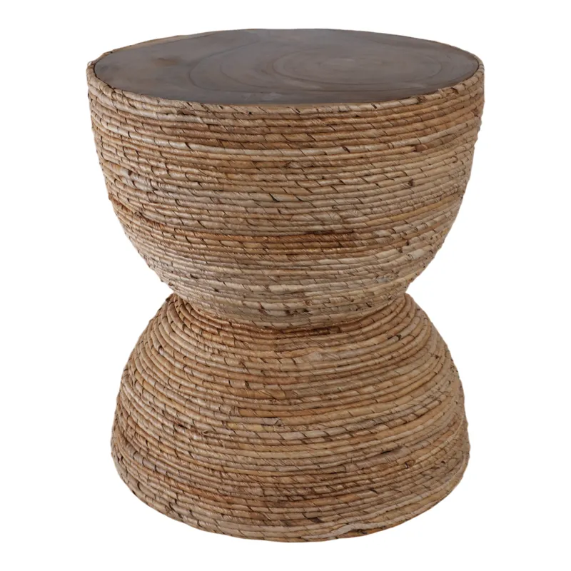 18\" Teakwood Accent Table W/woven Banana Leaf, Nat