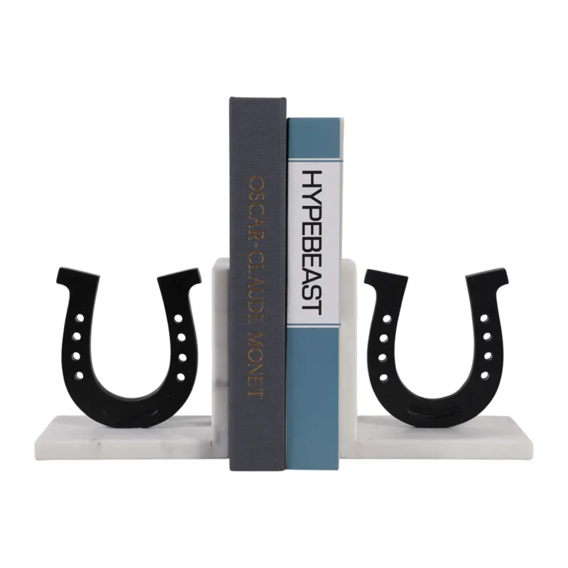 S/2 6\" Horseshoe Bookends On Marble, Black/white