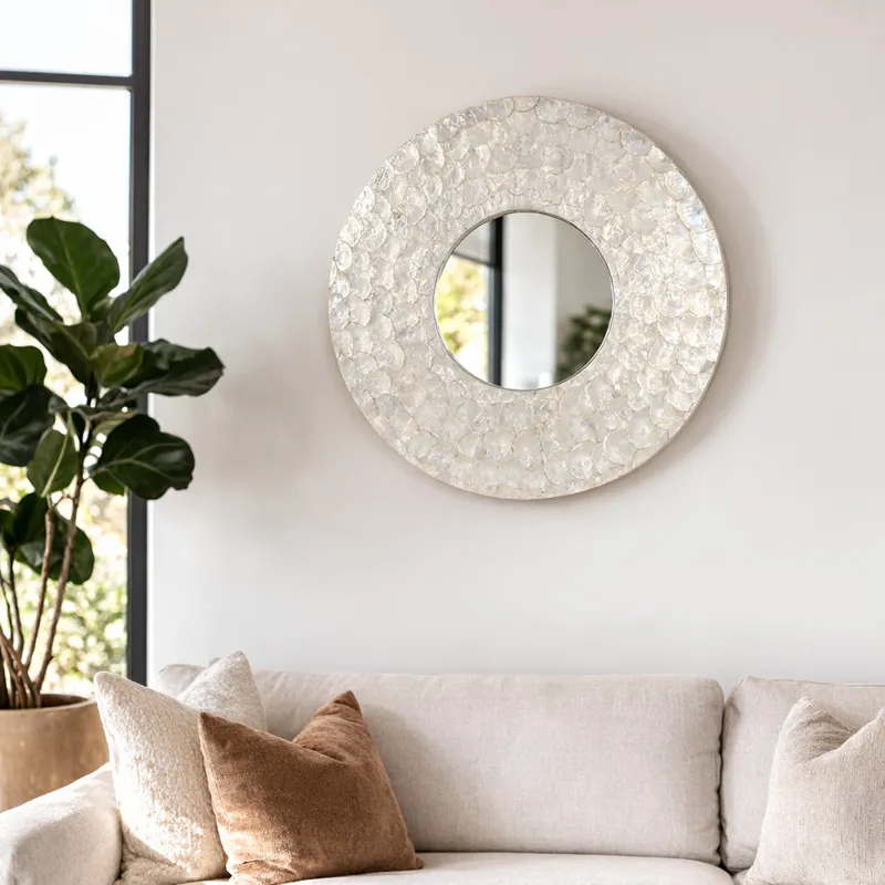 27" Round Capiz Mirror, Ivory