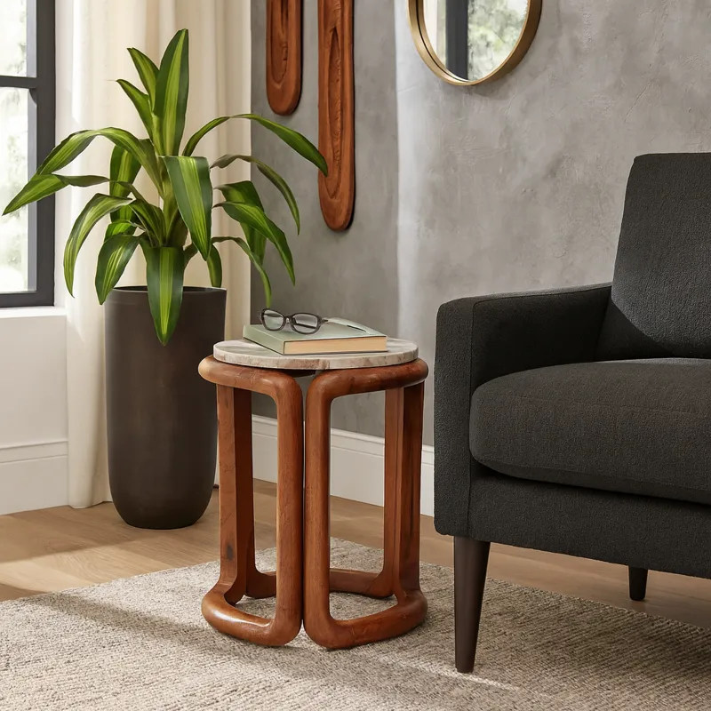 18x14\" Mrble Top Inlay Wood Accent Table,ivry/brwn