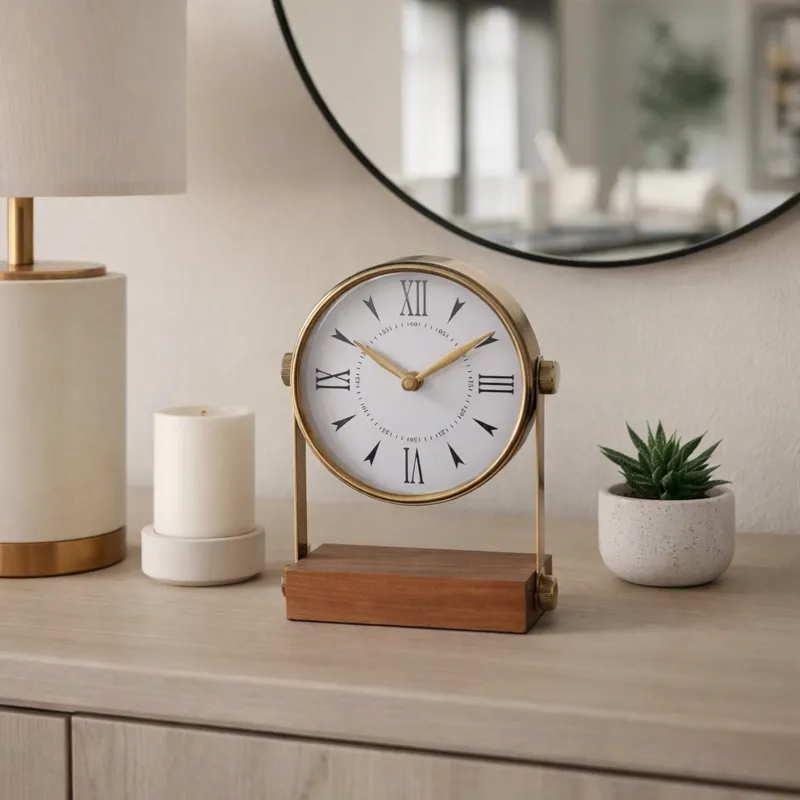 9x7\" Round Clock On Wood Base, Multi