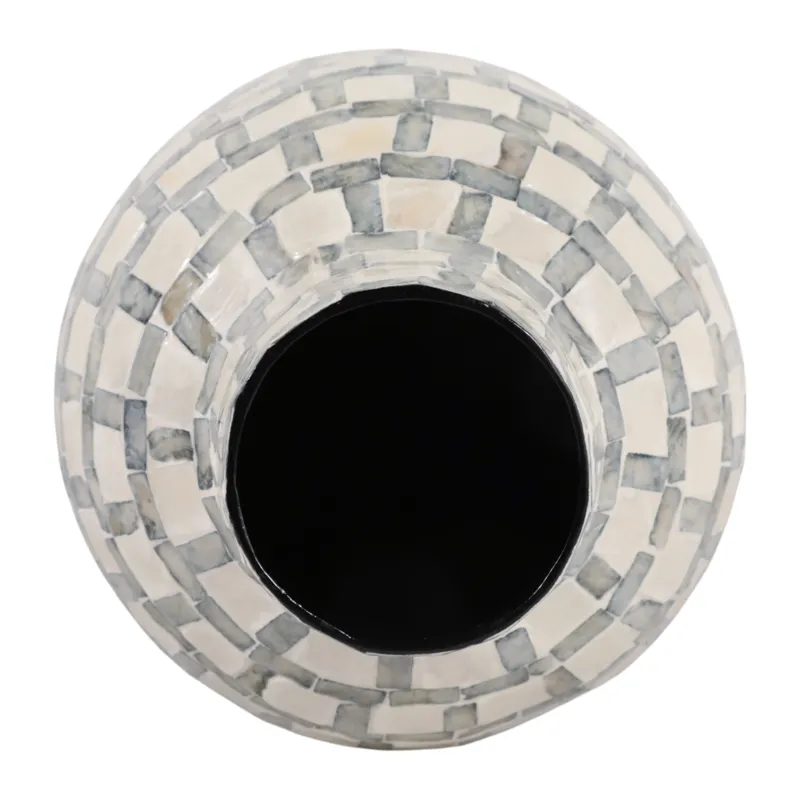 15x9\" Capiz Plaid Vase, Ivory Multi