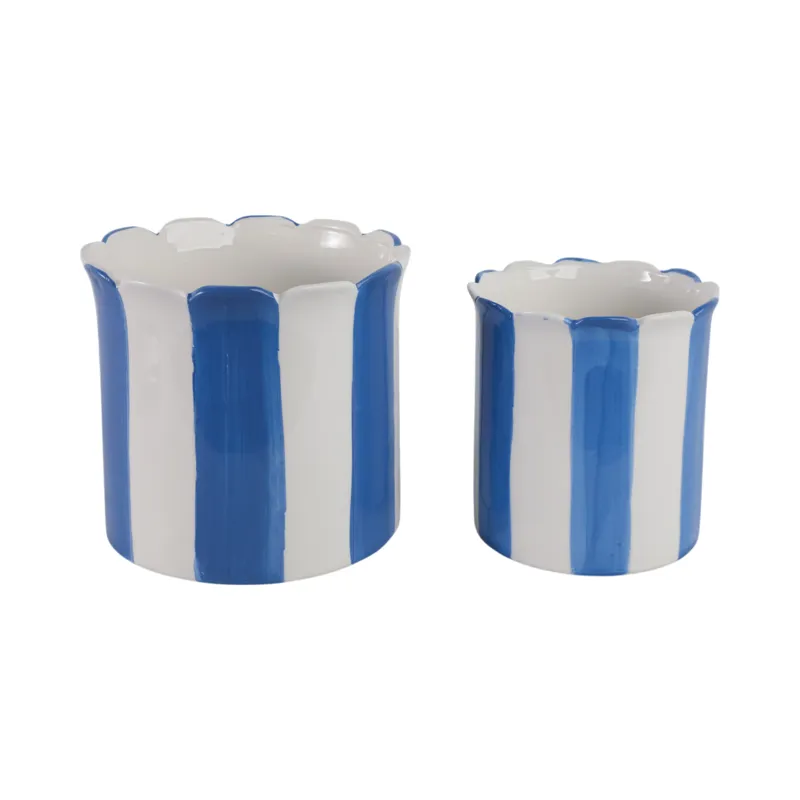 S/2 6/8\" Striped Scallop Edge Planters, White/blue