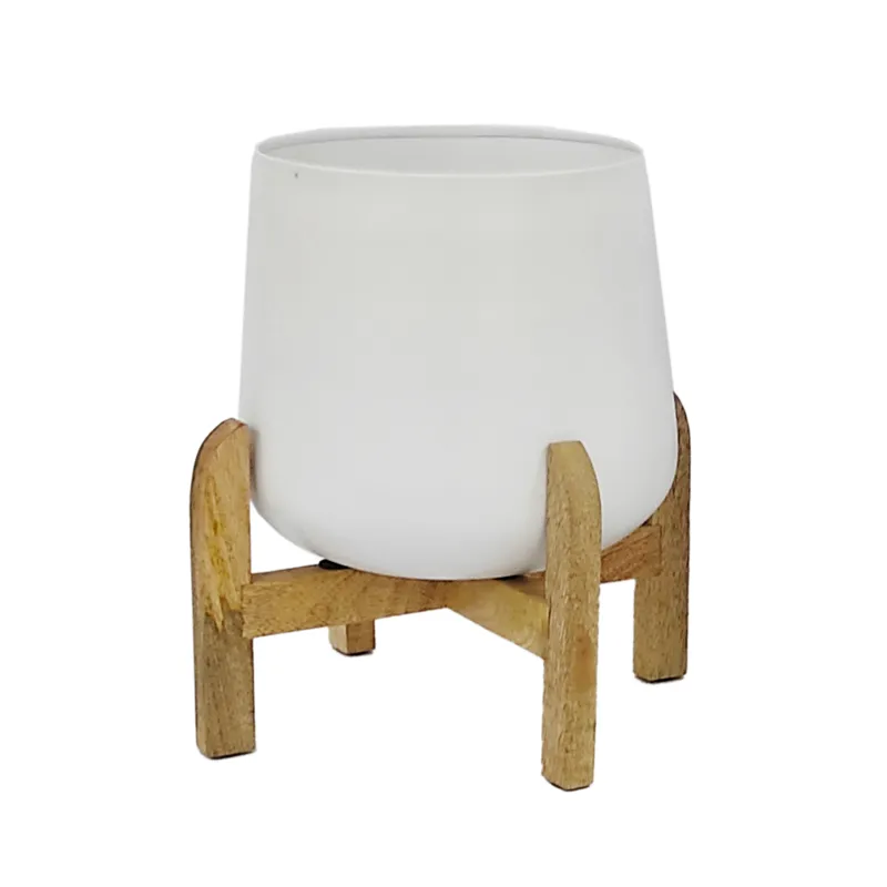 S/3 Metal 9/10/12" Planter W/ Wood Stand, White