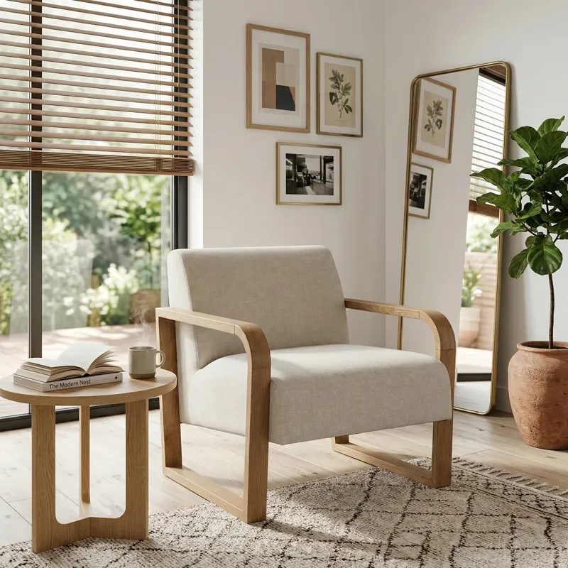34x31" Open Arm Accent Chair, Ivory/brown