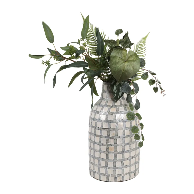 15x9\" Capiz Plaid Vase, Ivory Multi