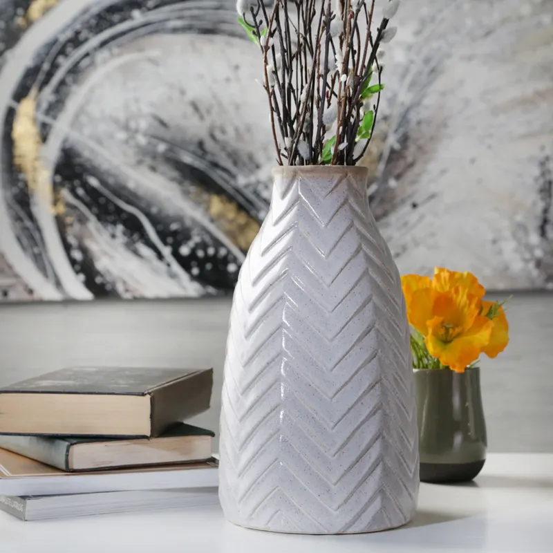 Ceramic 12" Tribal Look Vase, Ivory