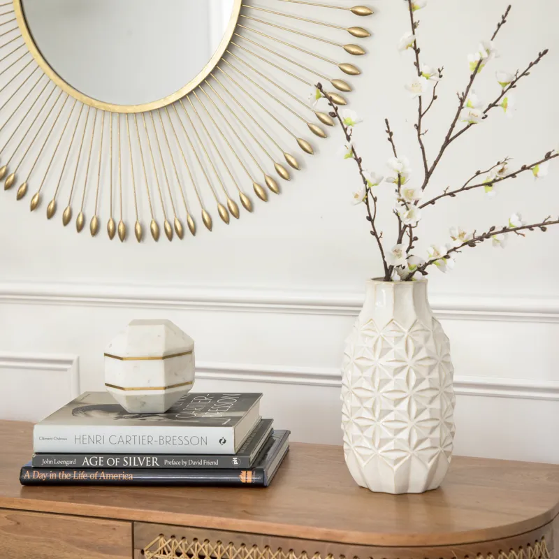 Marble 6" Octagon Orb W/ Inlay, White