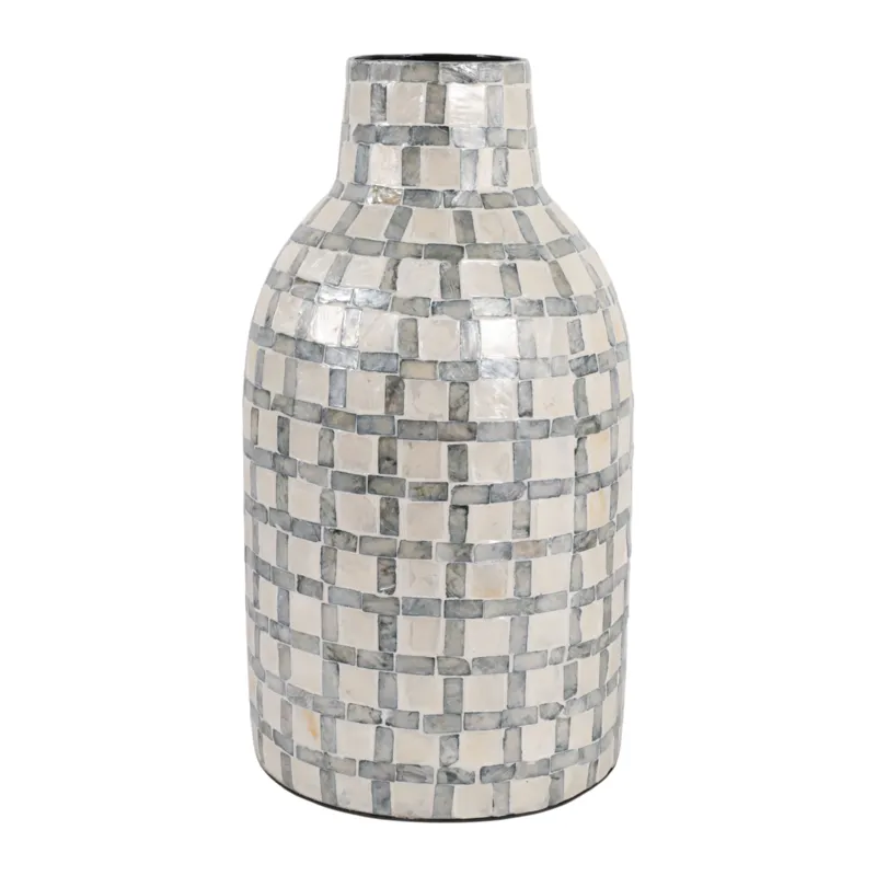 15x9\" Capiz Plaid Vase, Ivory Multi